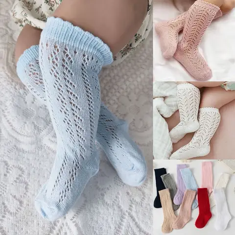 여아용 긴 무릎 높이 메쉬 얇은 양말, 속이 빈 부드러운 면 양말, 0-8 세 유아 양말, 여름