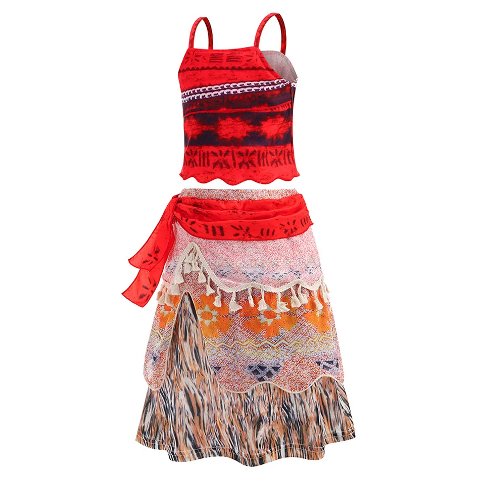 Kids Moana Style Cosplay Costume Girls 2Pcs Hawaiian Tribal Summer Dress Halloween Party Outfit Birthday Gift for Children
