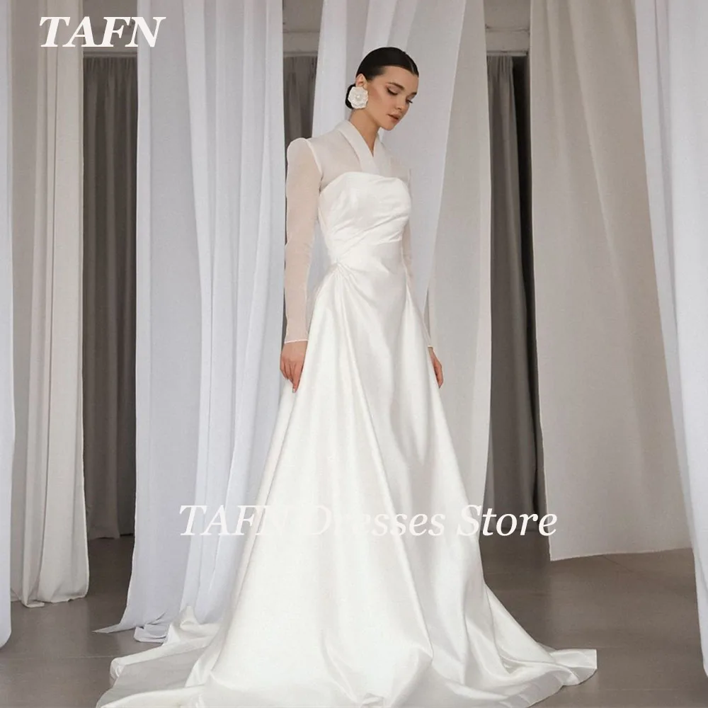 TAFN Civil A-line Elegant Wedding Dresses V-Neck Long Sleeves Bridal Gown Sweep Train vestidos de novia