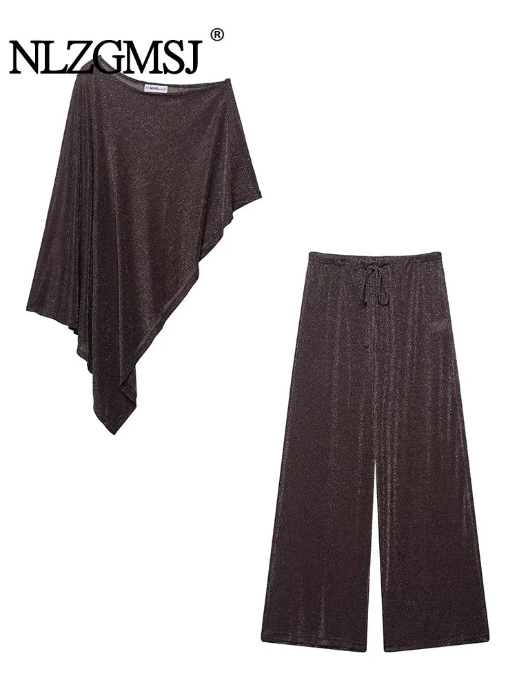 

NLZGMSJ 2025 Irregulartops Set Oversized Top Sparkle Party Clubwear Long Sleeve Female Vacation Outfit 2-piece Set
