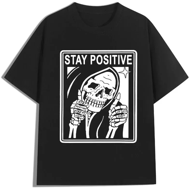 

Summer Stay Positive Graphic Short-sleeved T-shirts, Y2K Style, Retro Punk Skull Print, Formal Style, Casual Round-neck T-shirts