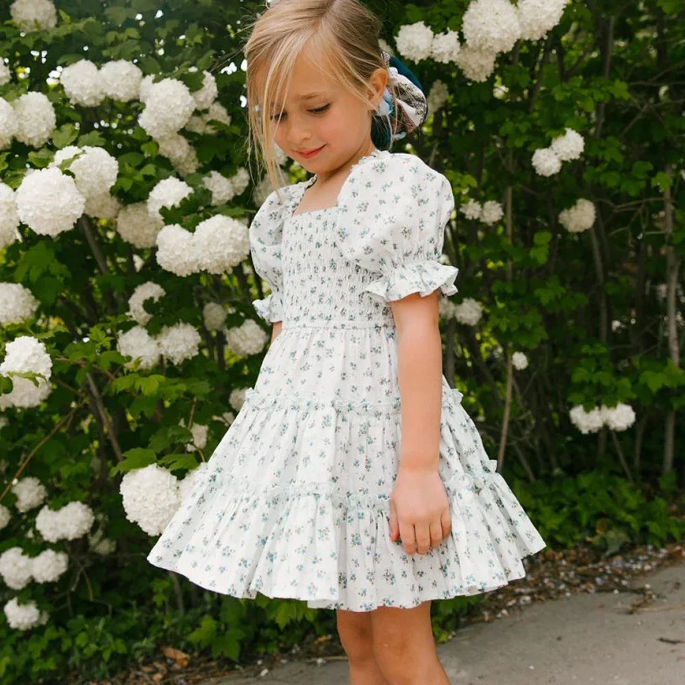 Kids Girl Summer New Puff Sleeves Dress Flower Print Princes Dresses Kid Daily Comfortable Casual Clothes for Children Girl 3-8Y