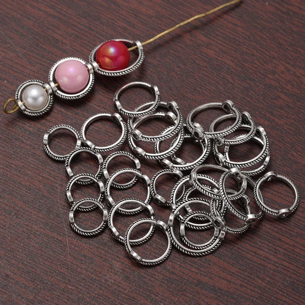 8/10/12mm Vintage Round Frame Wrapped Bead Connect Rings Spacers Sliver Through Hole Beading Cap DIY Bracelet for Jewelry Making