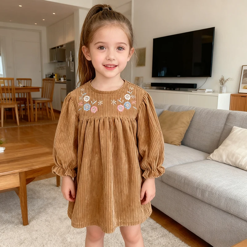 2-6Y Herbst Mädchen Kleid Mode Hals Kleid Frühling kinder Mädchen Neue Langarm Prinzessin Nette Puppe Gestickte Blumen Kleid