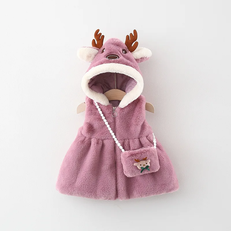 Winter 2-piece/set girl baby vest bag girl cartoon antler hood zippered sweater children\'s camisole vest