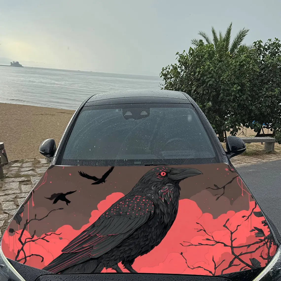 Involucri in vinile per cofano motore per auto in PVC, corvo nero, notte oscura, nuvola di sangue, adesivo autoadesivo impermeabile per cofano auto, auto