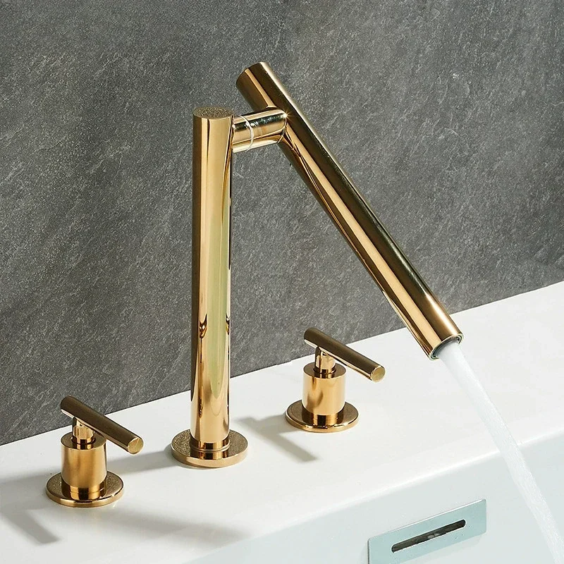 

Luxury Brushed Gold Bathroom Rotation Spout Copper Split Concealed Deck Mounted 3 Holes Bathtub Shower Faucet Set