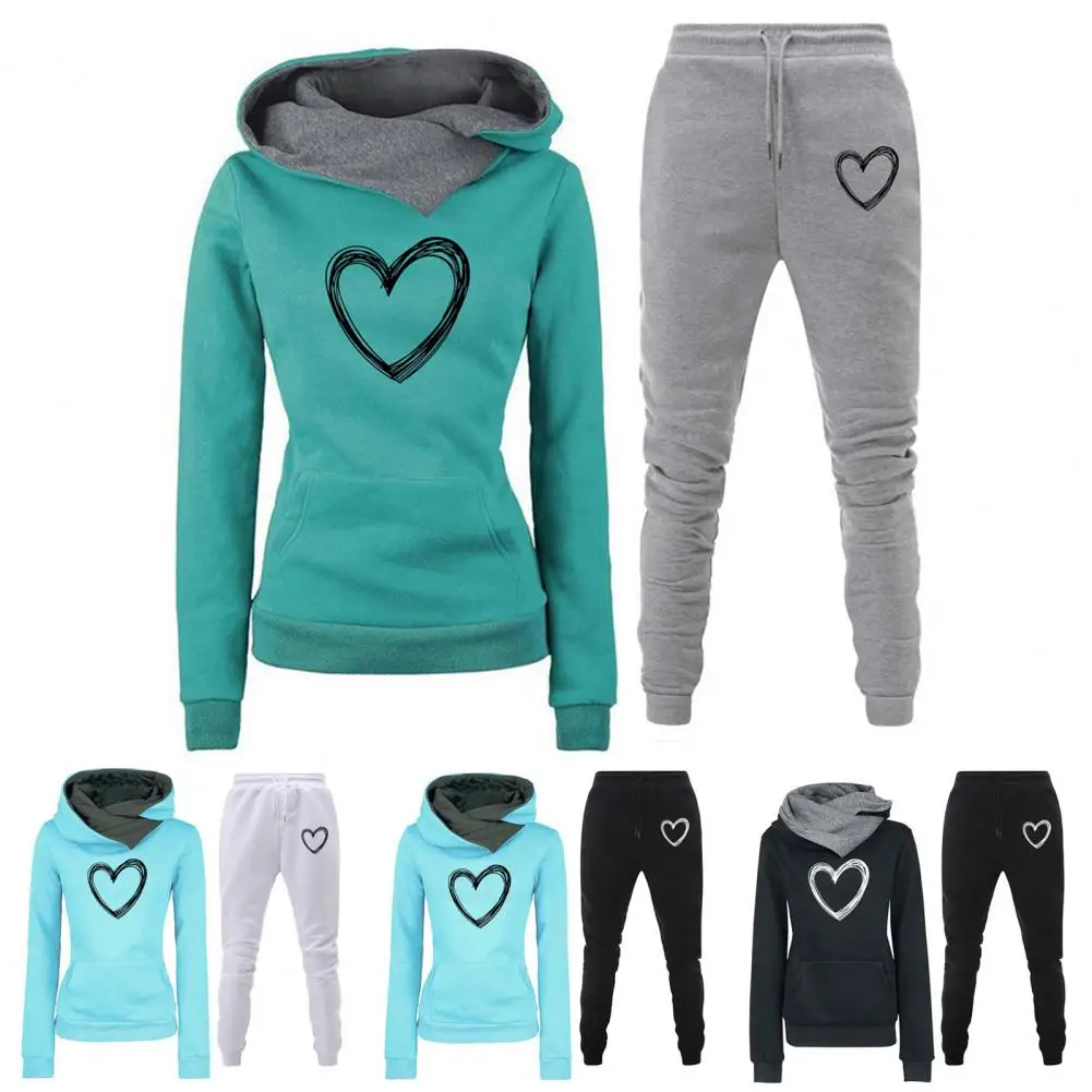 Women Tracksuit Stylish Women's Heart Print Tracksuit Set Hoodie Pants with Elastic Cuffs Drawstring Waist Patch for Fall/winter