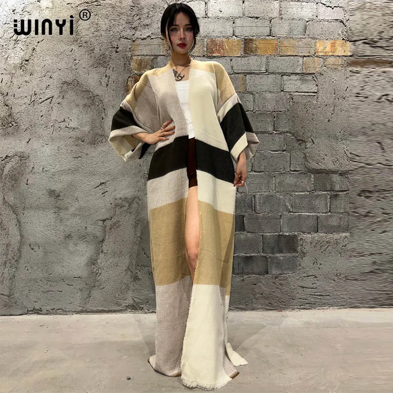 WINYI elegant Winter Plaid print cloak Women High Quality poncho tassels Luxury Loose OverCoat Thick Warm Female maxi coat top