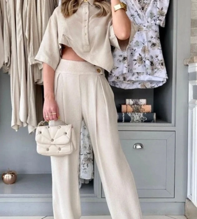 Set Woman 2 Pieces Elegant 2024 Lady Commuting Solid Color Fashionable Lapel Irregular Top and Casual High Waisted Pants Set