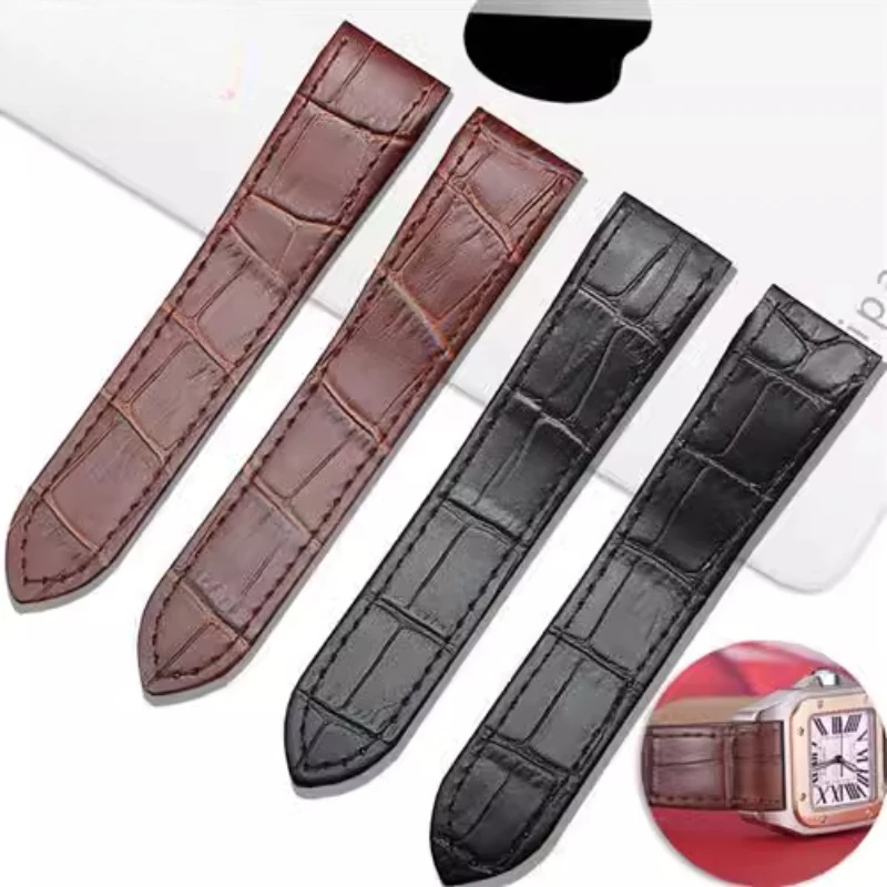 AntiAllergic Cow Leather Watch Strap for Cartier Santos Sandoz 24.5 23 20mm Unisex Solid Folding Buckle Black Brown Options