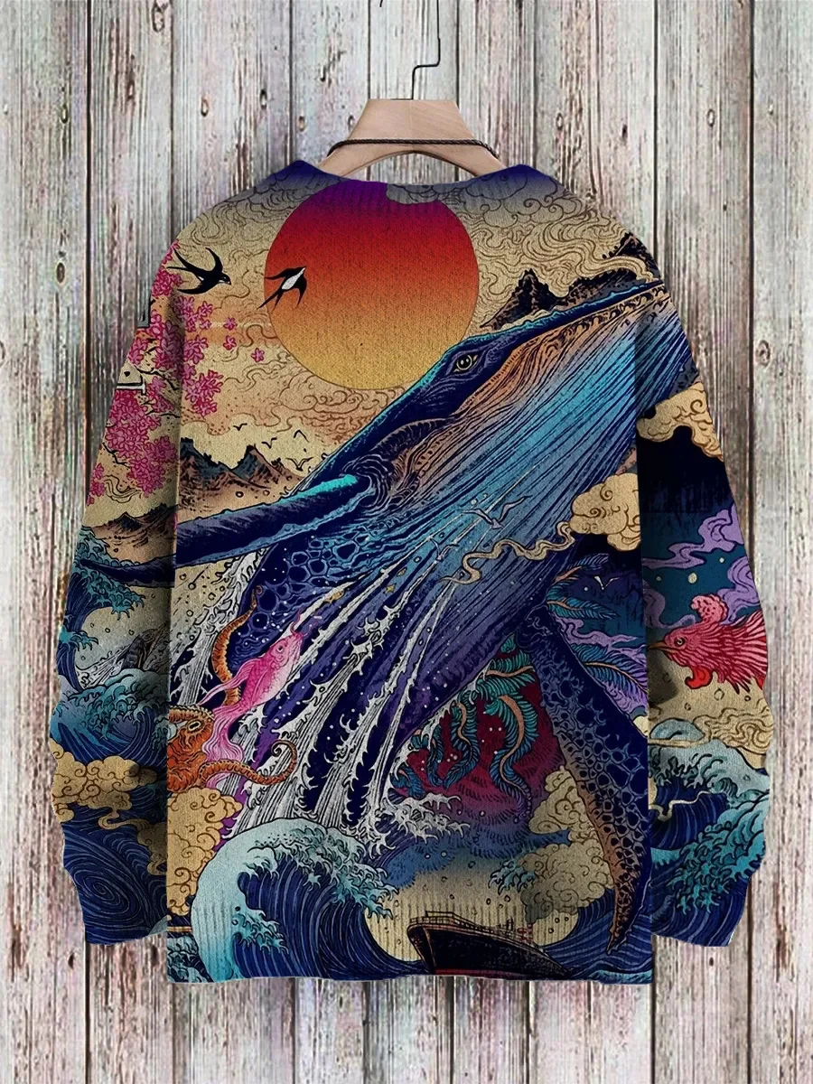 PLstar コスモスアート猫乗り鯉柄 3D プリントメンズニットセーター冬ユニセックスカジュアル暖かいニットプルオーバーセーター ZZM143