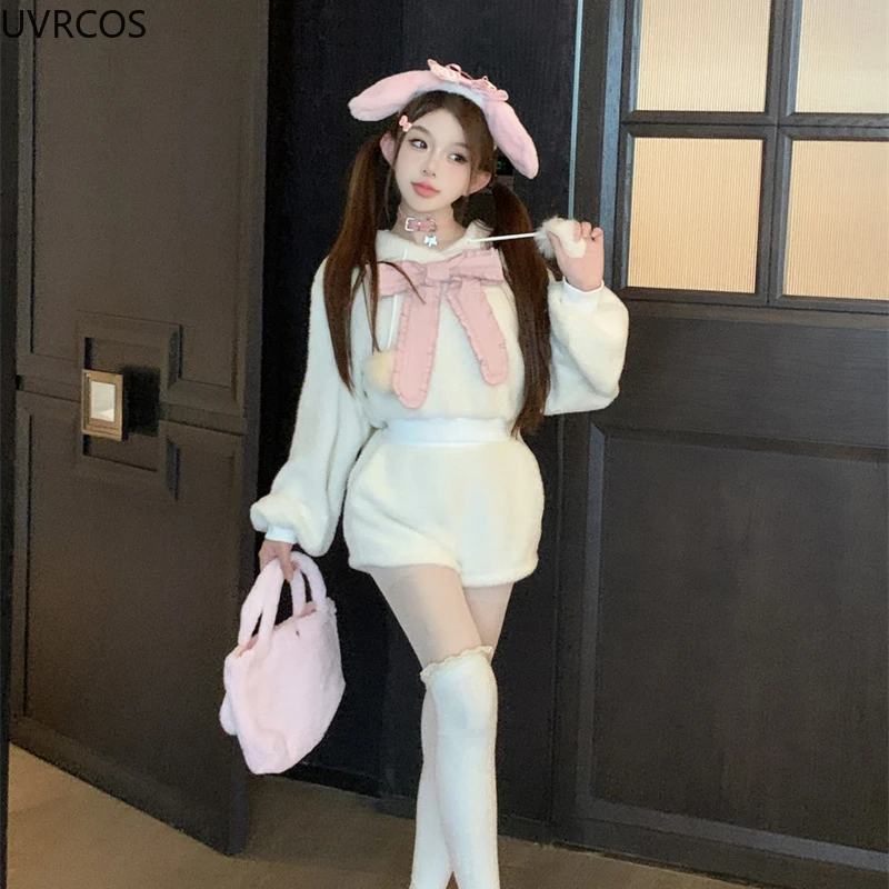 Fall Winter Kawaii Lolita Shorts Set Women Sweet Bunny Ear Hooded Hoodies Cute Plush Ball Shorts Suit Korean Casual 2 Piece Sets