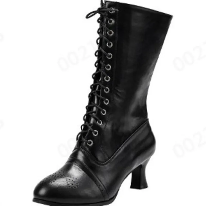 2021New Autumn and Winter Women's Shoes Pointed Toe All-Matching40-43Large Size Thick Heel Lace-up Martin Boots Female Boots