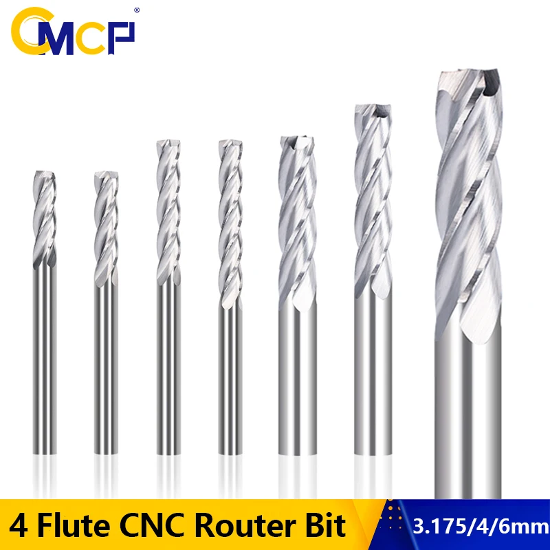 

4 Flute Carbide Milling Cutter 3.175 4 6mm Shank Spiral Flat Milling Bit for Woodworking Cutting CNC Router Bit CMCP End Mill