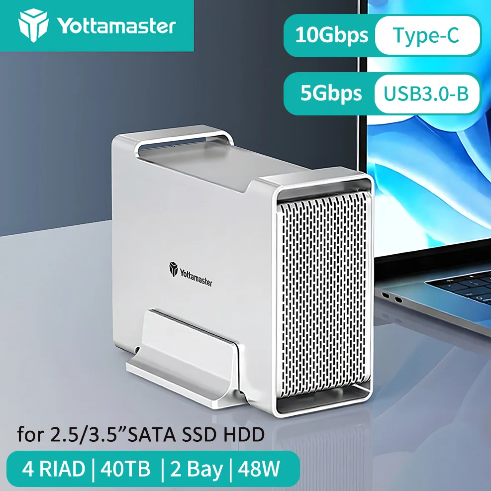 

Внешний корпус для жестких дисков Yottamaster Dual Bay RAID, 10 Гбит/с Type-C, 5 Гбит/с USB 3.0, DAS, для 2.5/3.5-дюймовых SATA SSD/HDD, до 40 ТБ