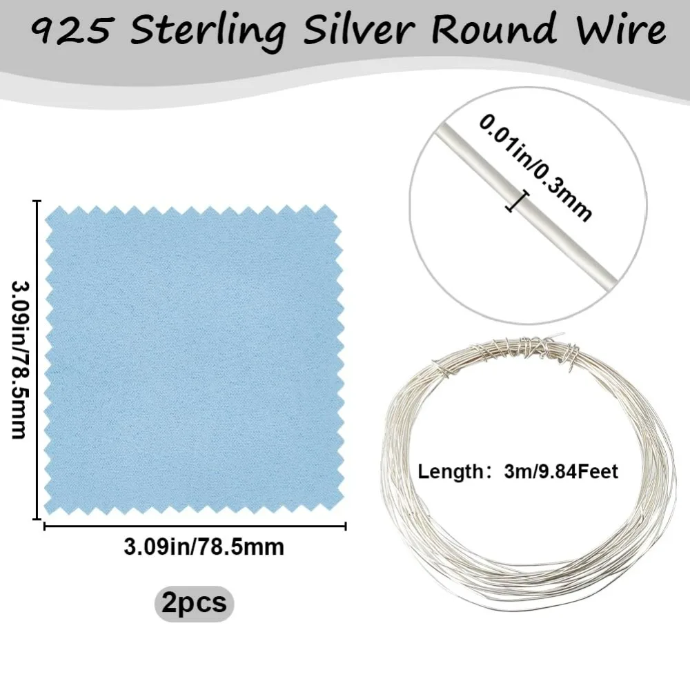 28 Gauge 925 Sterling Silver Wire 0.3 mm 9 FT Dead Soft Round Jewelry Wire with Polishing Cloth for Jewelry making kit