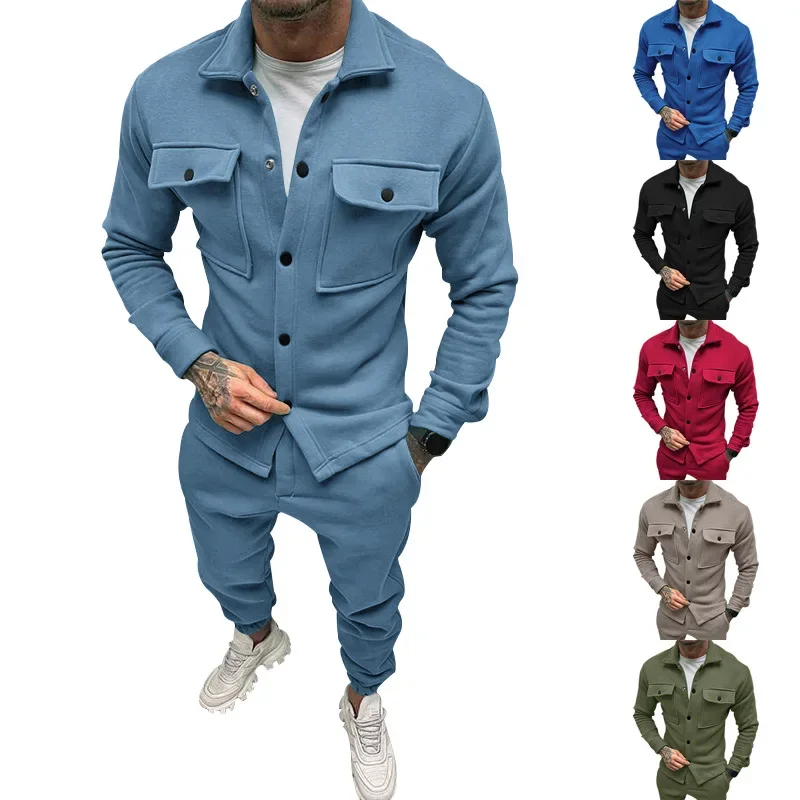 Men\'s Jacket Cargo Pants Set with Pocket Button Spring Fall Blue Tracksuit High Quality Solid Color Male Fashion 2 Pieces Suit