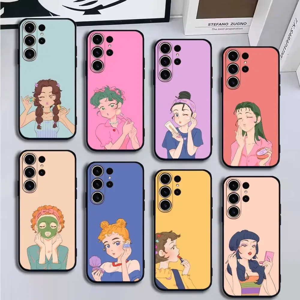 

Modern Young Women Makeup Phone Case For SamsungS25,24,21,22,23,30,Ultra,20,Plus,Fe,Lite,Note,10,9,Soft Black Cover
