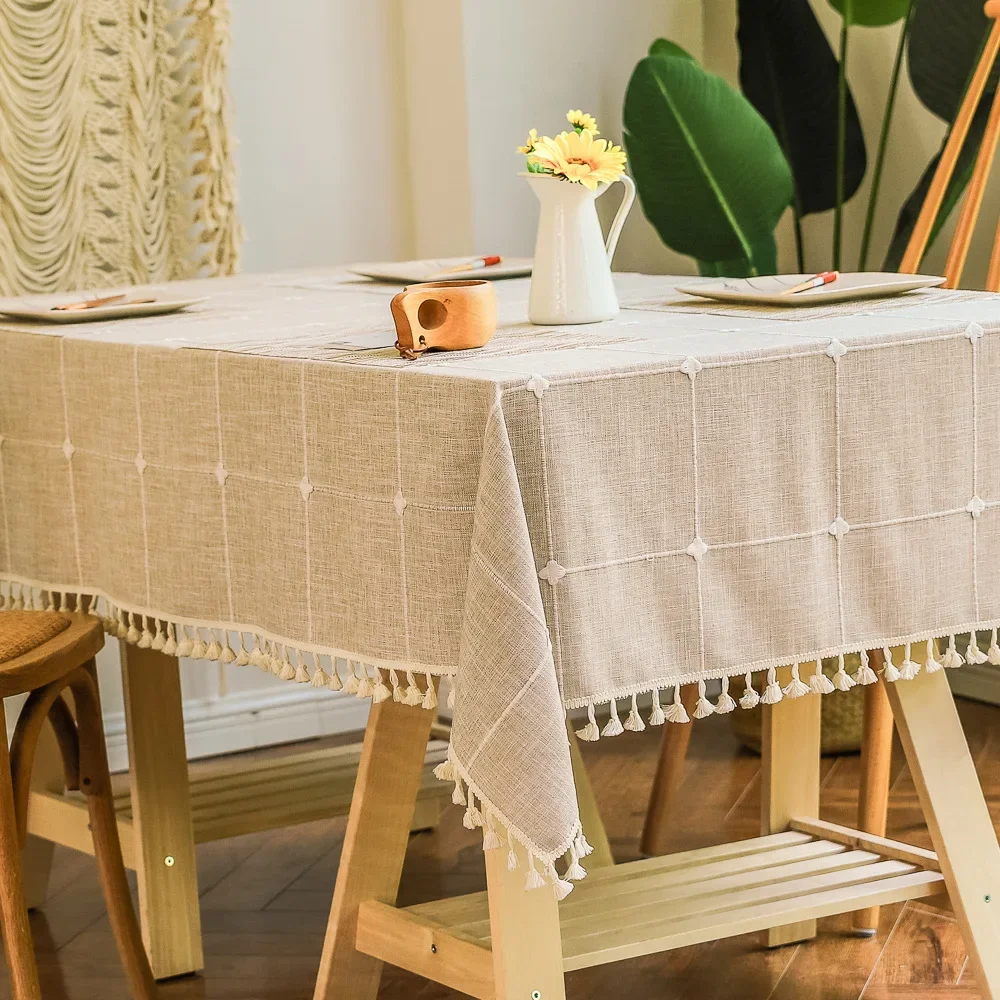 

Rectangular Dustproof Tassels Table Cover,Linen Cotton Embroidery Lattice Tablecloth,for Kitchen Dinning Coffee Table Decoration