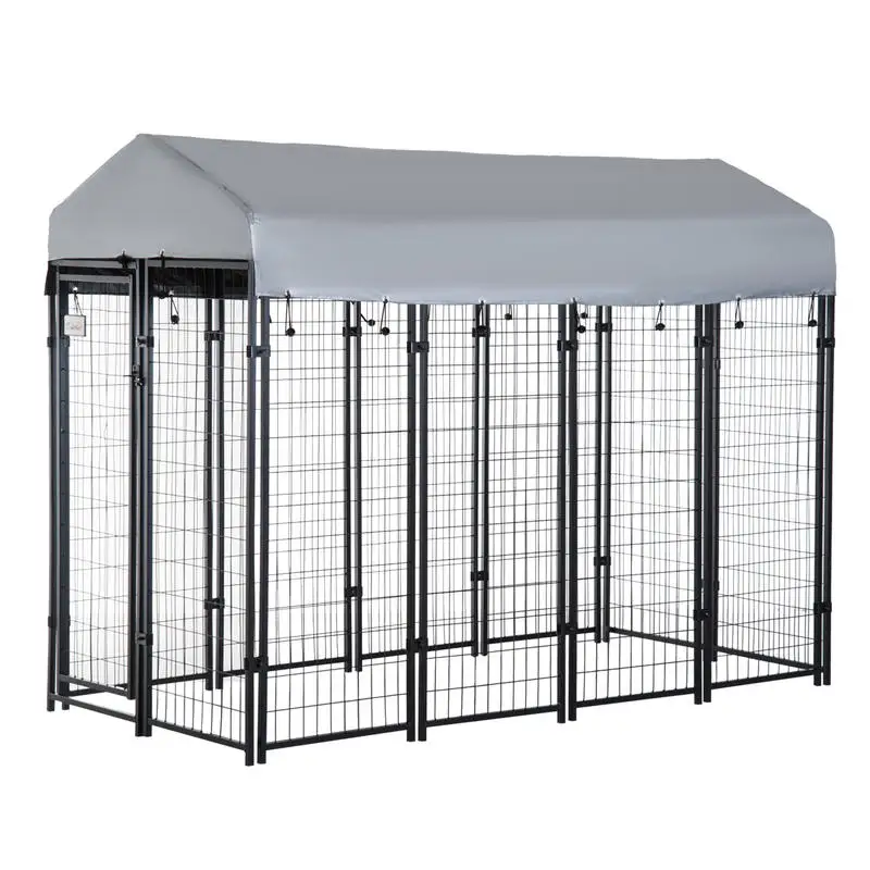 

PawHut Outdoor Dog Kennel with Roof, 8' x 4' x 6' Heavy Duty Welded Wire Dog Playpen Enclosure with Escape-proof Lock, UV-Resistant & Waterproof Cover, for Large Dogs, Silver