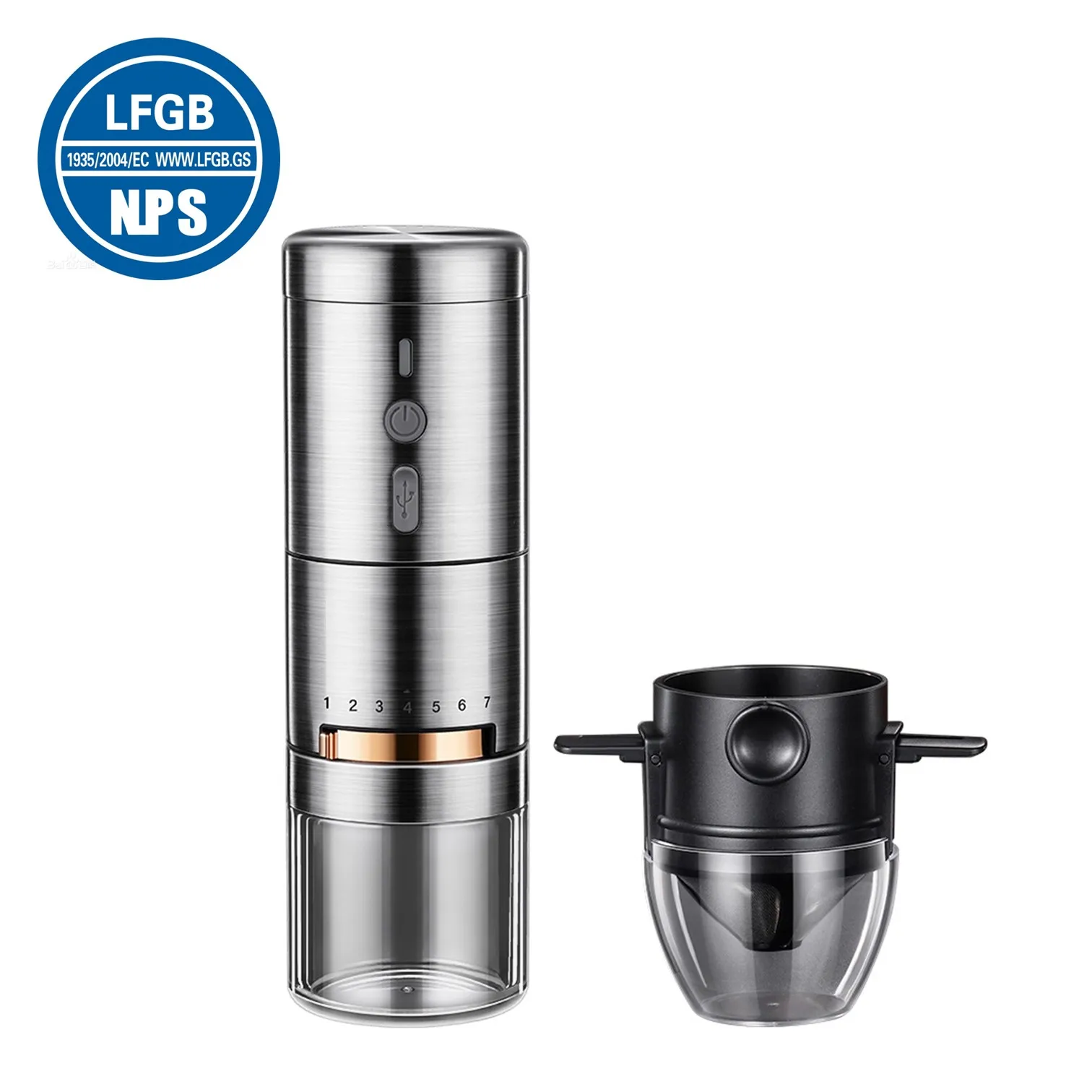 

LFGB Certificated 304 Stainless Steel Coffee Bean Grinder Rechargeable 7 Gears Adjustable Coffee Mill for Office Family Coffee