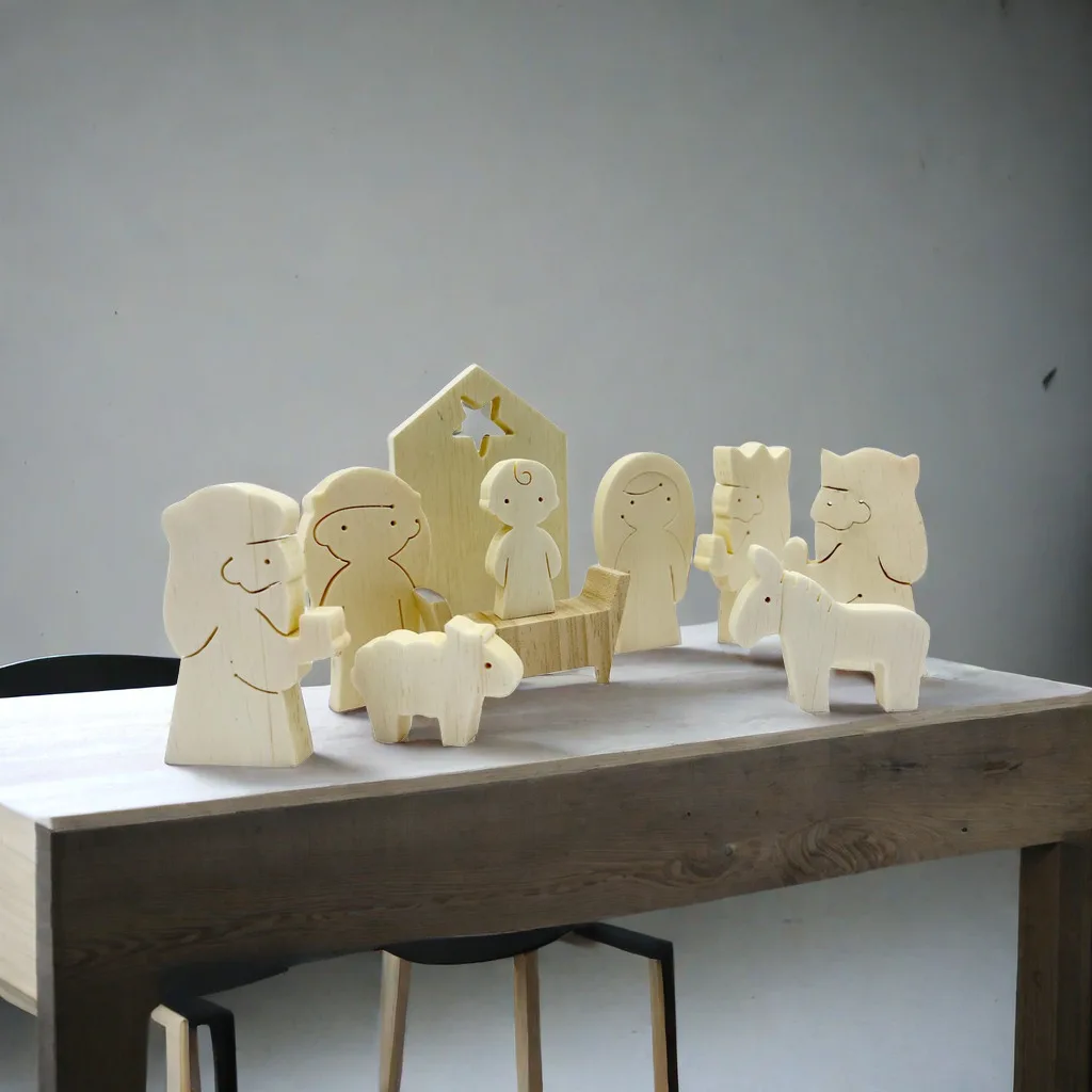 Wooden Nativity Set - Modern Christmas Scene Decoration - Set of 11 Natural Wood Figurines