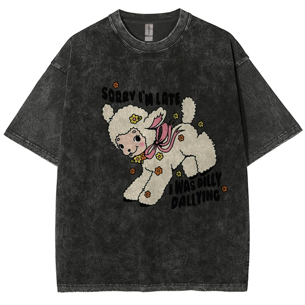 Dilly Dallying Shirt Sorry I'm Late Funny Sheep Lamb T-Shirt, Oversized Washed T-Shirt Women Graphic Retro Vintage T Shirt