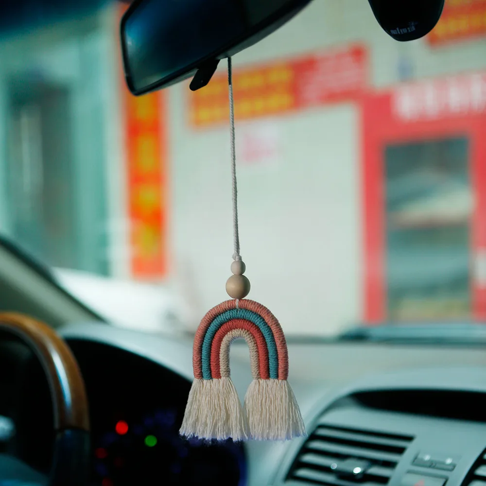 Car Rainbow Decor Hanging Pendant Ornament Macrame Hand Woven Boho Rainbow Wall Hanging Decor With Tassel Pendant