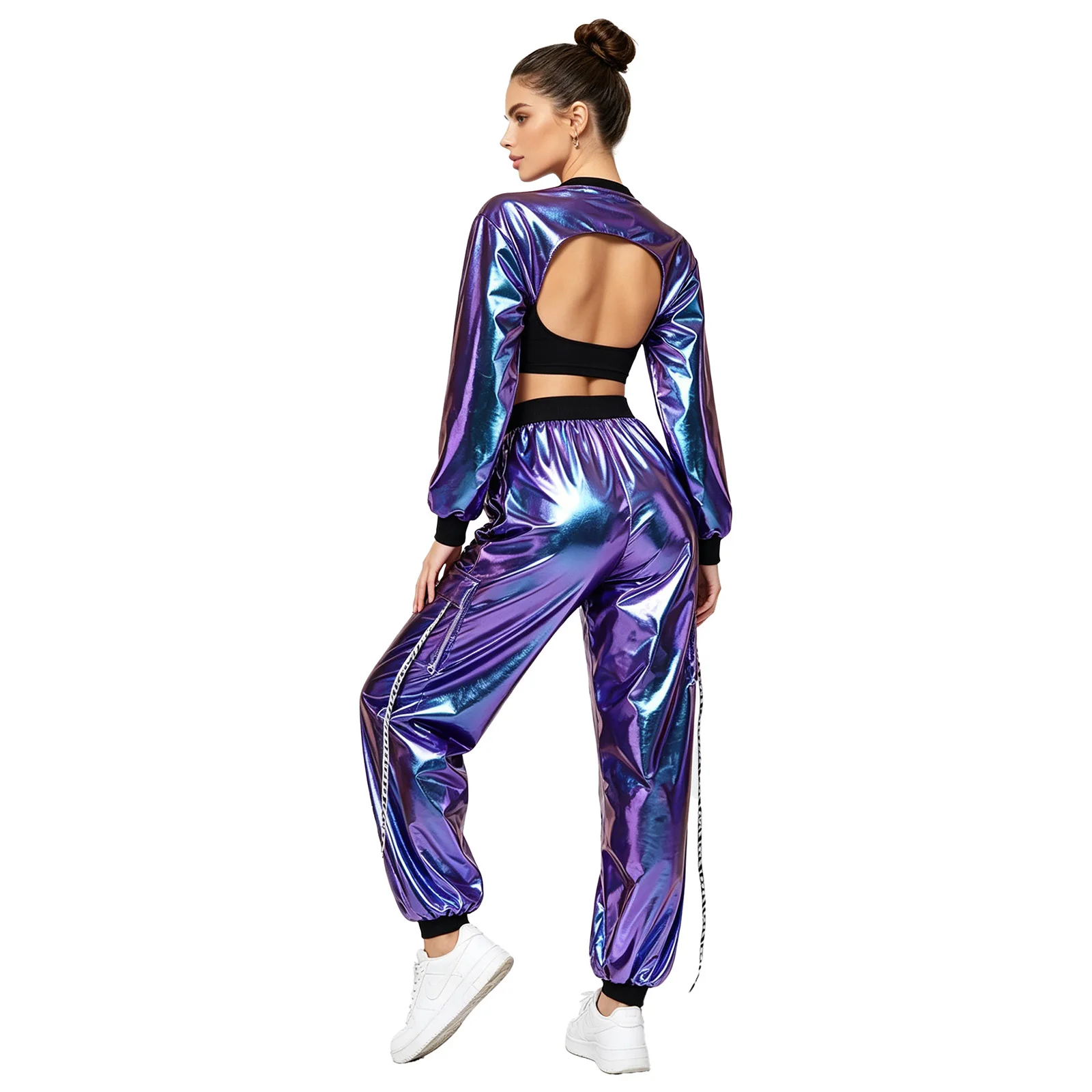 Womens Metallic Hip Hop Jazz Dance Outfit Long Sleeve Cutout Crop Top And Cargo Jogging Pants Y2K Disco Rave Clubwear Streetwear