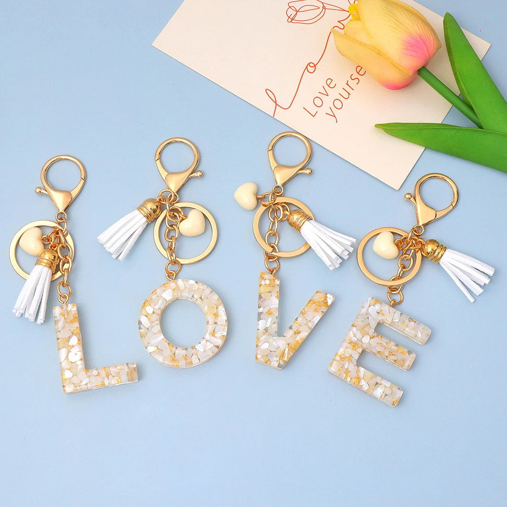 Resin 26 Initials Keychain Fashion Cream Color Heart Tassel Pendant A to Z Letter Keyring for Women Bag Ornaments Party Gift