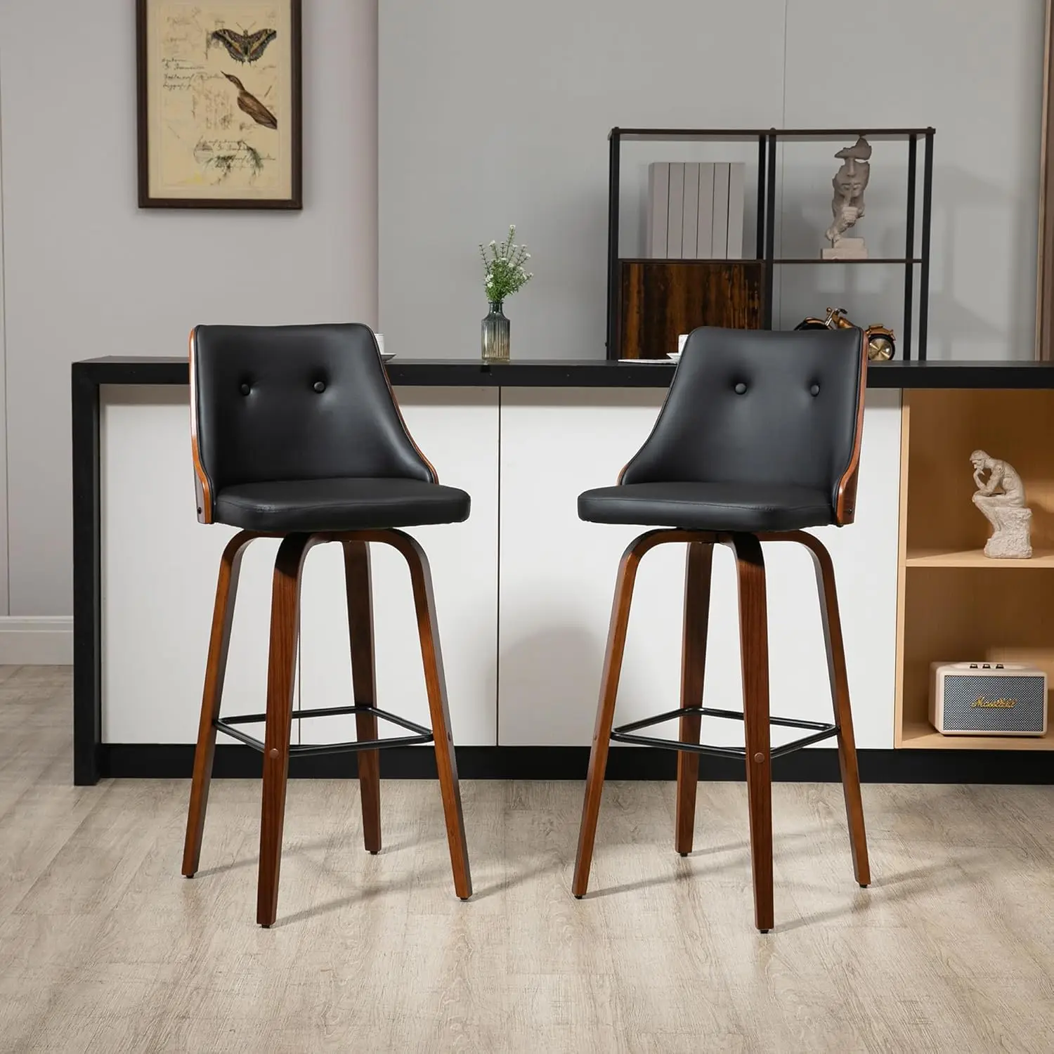 

Bar Height Bar Stools, PU Leather Swivel Barstools with Footrest and Tufted Back, Set of 2, Black