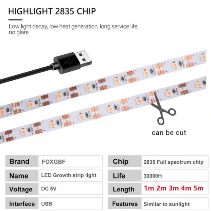 1-5m Plant Light Grow USB LED Strip 5V LED Full Spectrum Waterproof LED Chip For Greenhouse Flower Seedling Grow Tent Hydroponic
