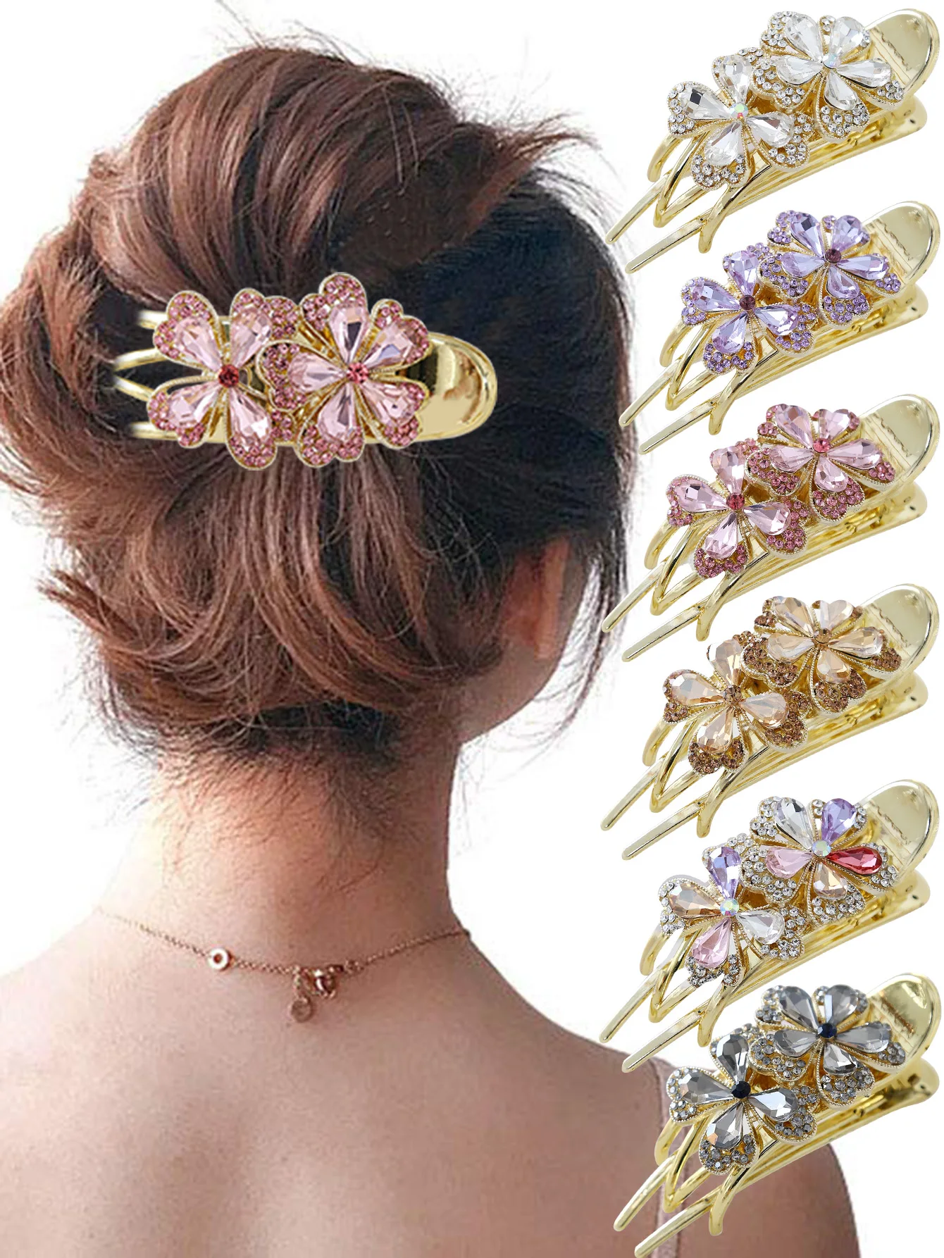 

6pcs Ladies Multi-color Double Flower Diamond Gemstone Openwork Duckbill Clip Hair Clip New Hair Clip
