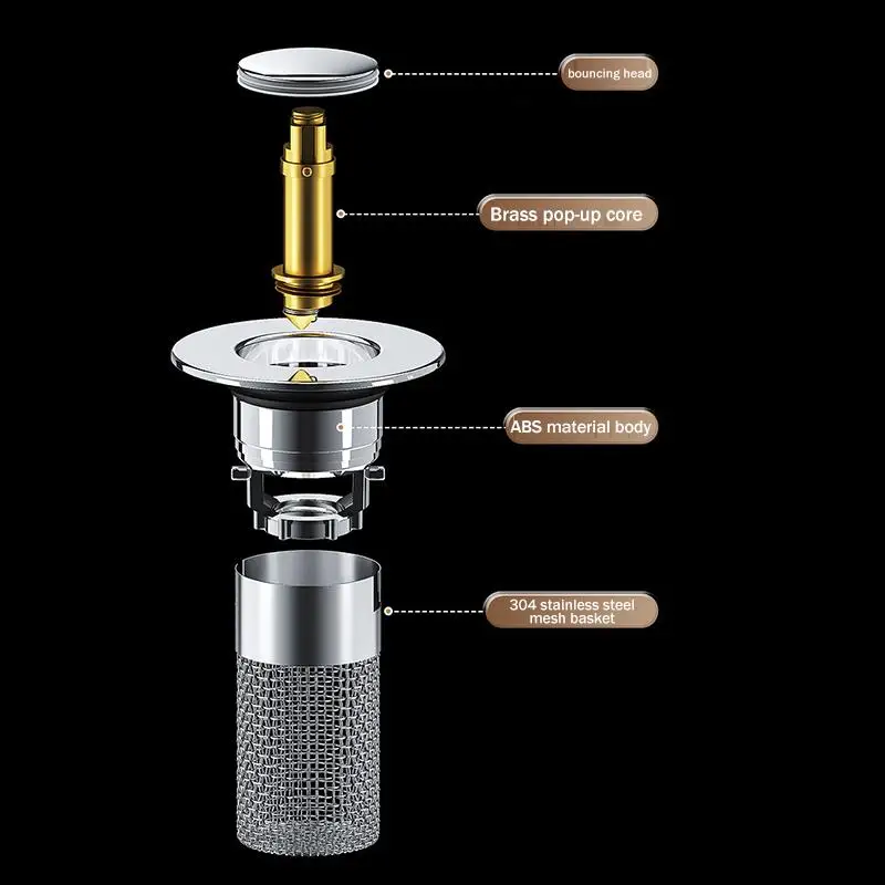 Washbasin Plug Anti Odor -Up Bounce Core Basin Stopper Hair Catcher Shower Sink Strainer Stainless Steel Filter view 5