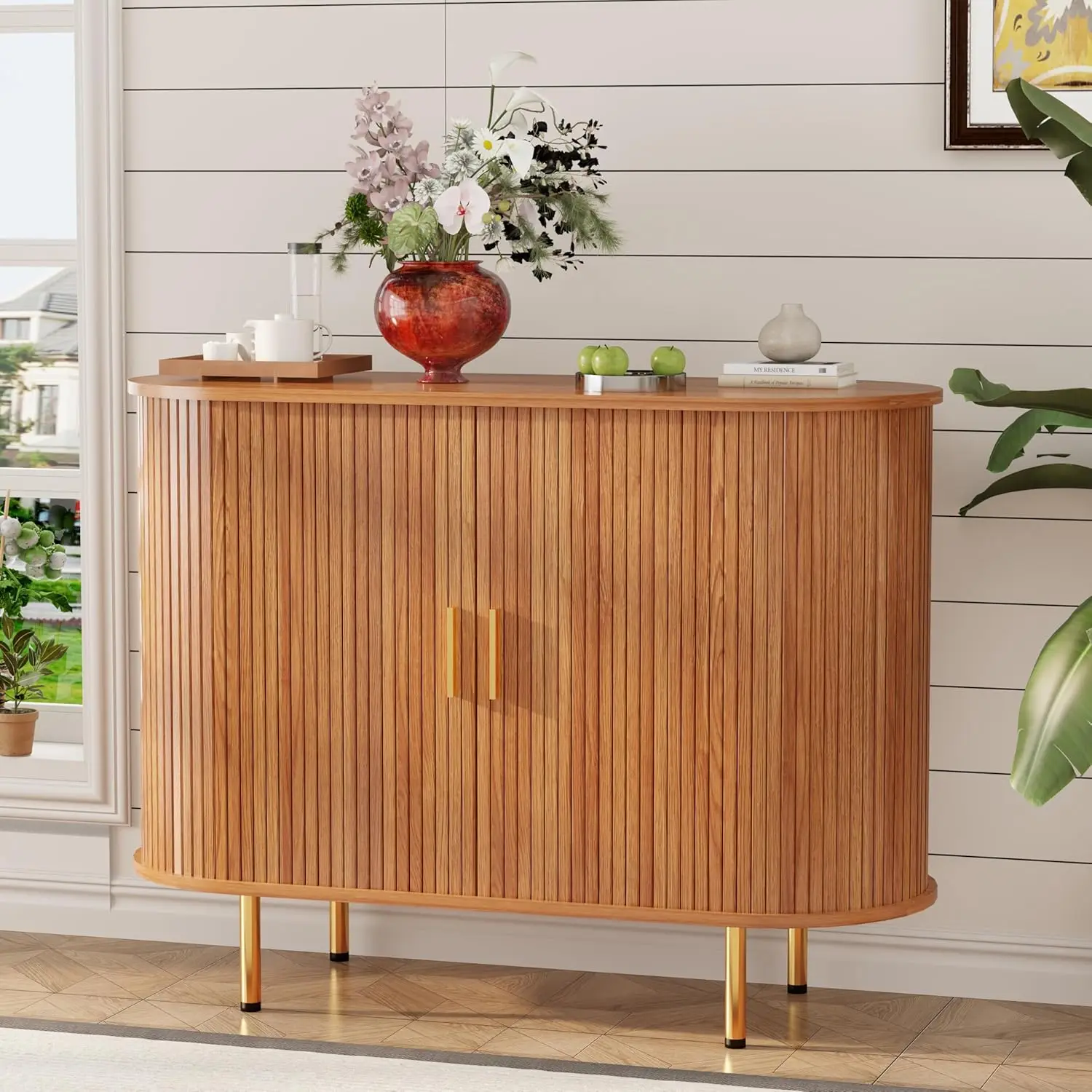 

Sideboard Buffet Cabinet with Storage,Mid Century Modern Fluted Accent Coffee Bar Console Table,Tambour Sliding, Customized