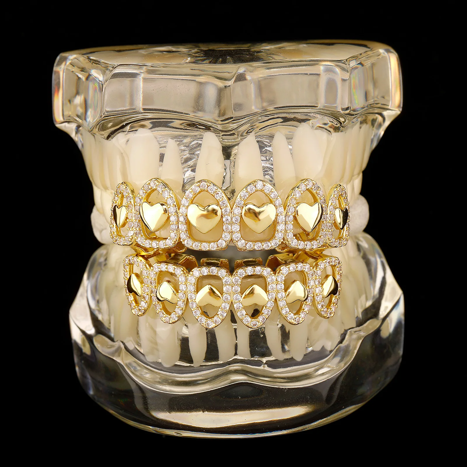 TOPGRILLZ Halloween Jewelry Gold Silver Color Hollow Heart Teeth Caps Iced Out Zircon 6 Top 6 Bottom Grillz For Men Women Gift