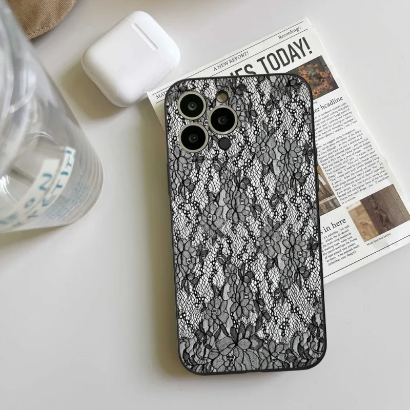 Lace fabric pattern Phone Case FOR IPhone 14 13 11 12 Pro 8 7 Plus X 13 Pro MAX XR XS MINI Black Covers