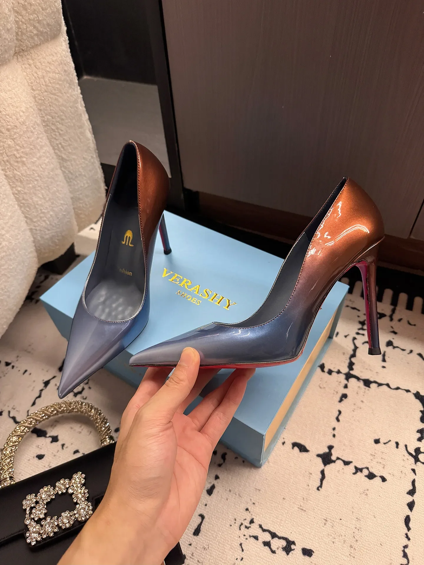 Gradient Blue Coffee High Heels Women's New Style Queen Style Thin Heels Shallow Mouth Single Shoes