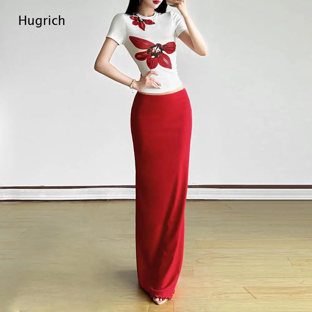Matching Floral Top Mermaid Skirt Set Ladies White Slim Short Sleeve Printed Tee Red High Waist Floor Length Bodycon Long Skirt