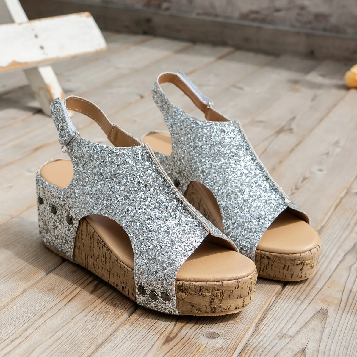 New Large Size 36-43 Wedge Heel Sandals for Women Sequin Thick Bottom Hollow Summer Sandals Fashion Open-toe Cool Roman Shoes