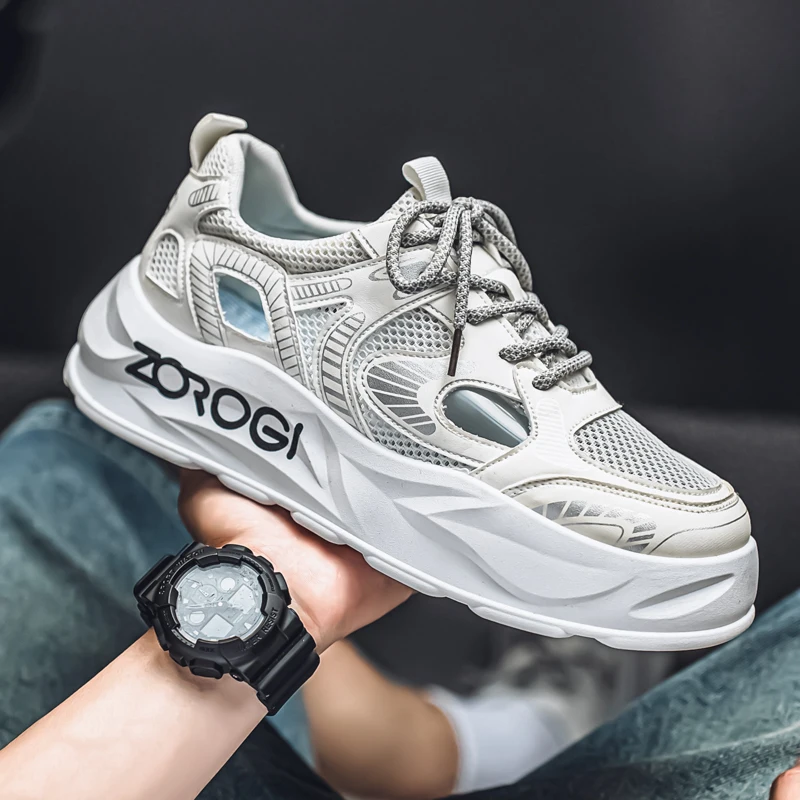 

2025 новая нишевая тенденция, модная мужская обувь на толстой подошве, дышащая высококачественная трендовая обувь из перфорированной доски с низким берцем и сеткой