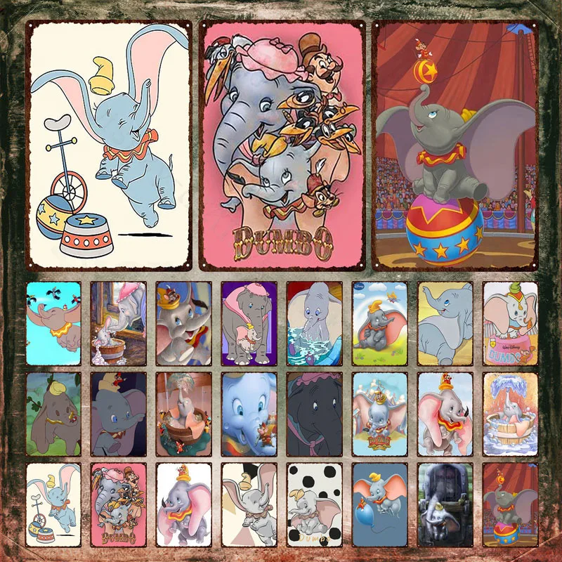 Dumbo Disney Metal Signs Elephant Taking A Bath Metal Poster Cartoon Acrobatic Troupe Tin Signs Wall Stickers Home Wall Decor