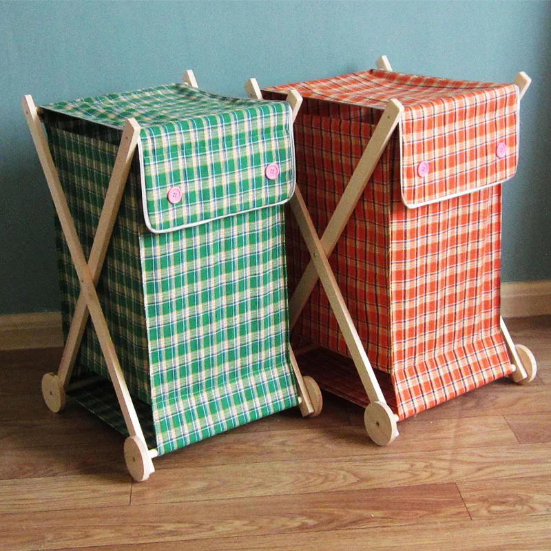 Household pulley with cover, large capacity dirty clothes basket, foldable clothes basket, Nordic solid wood fabric storage rack