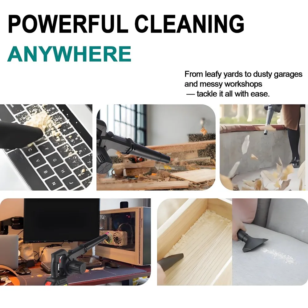 Soplador de aire y aspiradora inalámbricos 2 en 1 con batería de litio de 18 V, colector de hojas y polvo para limpieza de automóviles, computadoras y jardines