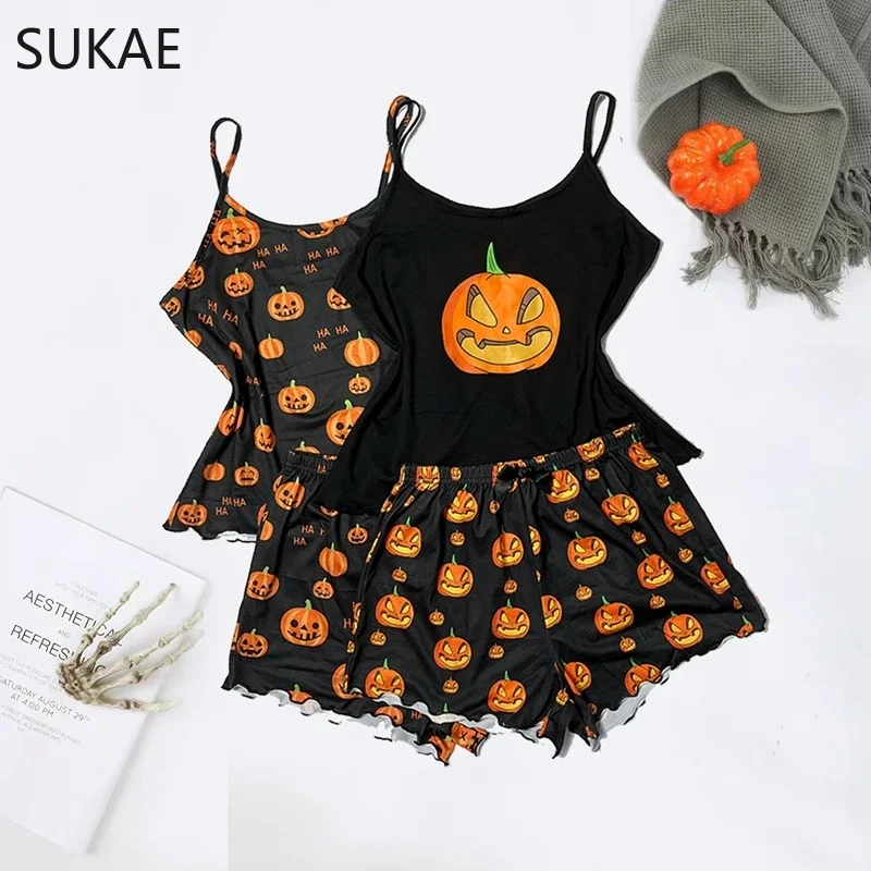 SUKAE HOT Halloween 2PCS Set Cute Prumpkin Party Nightie Spaghetti Strap Pajama Women Tank Top Shorts Lingerie Sleeveless Pijama