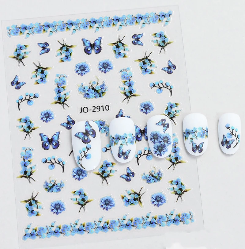 Calcomanías 3d para decoración de uñas, pegatinas de mariposas con flores moradas, azules y rosas, decoración para puntas de uñas, belleza
