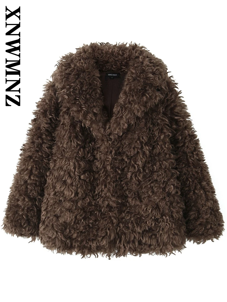 XNWMNZ 2024 New Autumn/Winter Woman\'s Casual Turn-down Collar Long Sleeve Jacket Top Female Fashion Faux Fur Solid Color Coat