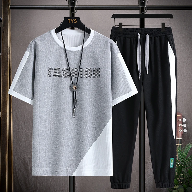 Casual 2024 Summer Two Piece Men's Sets Short Sleeve T-Shirts And Long Pants Outwear Top Tees & Elastic Waist Trousers Tracksuit