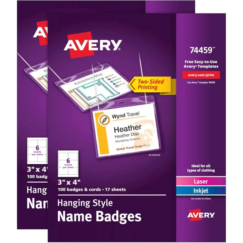 Customizable Name Badges, 3 x 4, 2 Packs, 200 Badge Holders with Cords and 204 Printable Name Tag Inserts Total (46019)